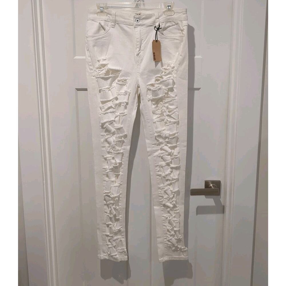 UNIQ Women's L White Distressed Denim Jeans Edgy Streetwear Stretch